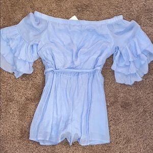 off the shoulder blue romper